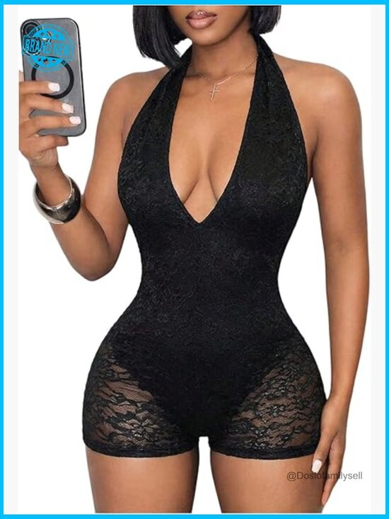 Pants - Lace Halter Romper Deep V Neck Backless Bodycon Short Jumpsuit Rave Clubwear